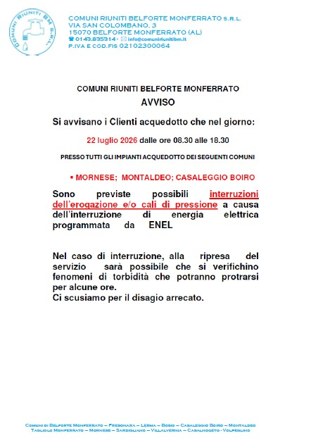 Avviso possibili interruzioni nell'erogazione dell'acqua in data 22/07/2026